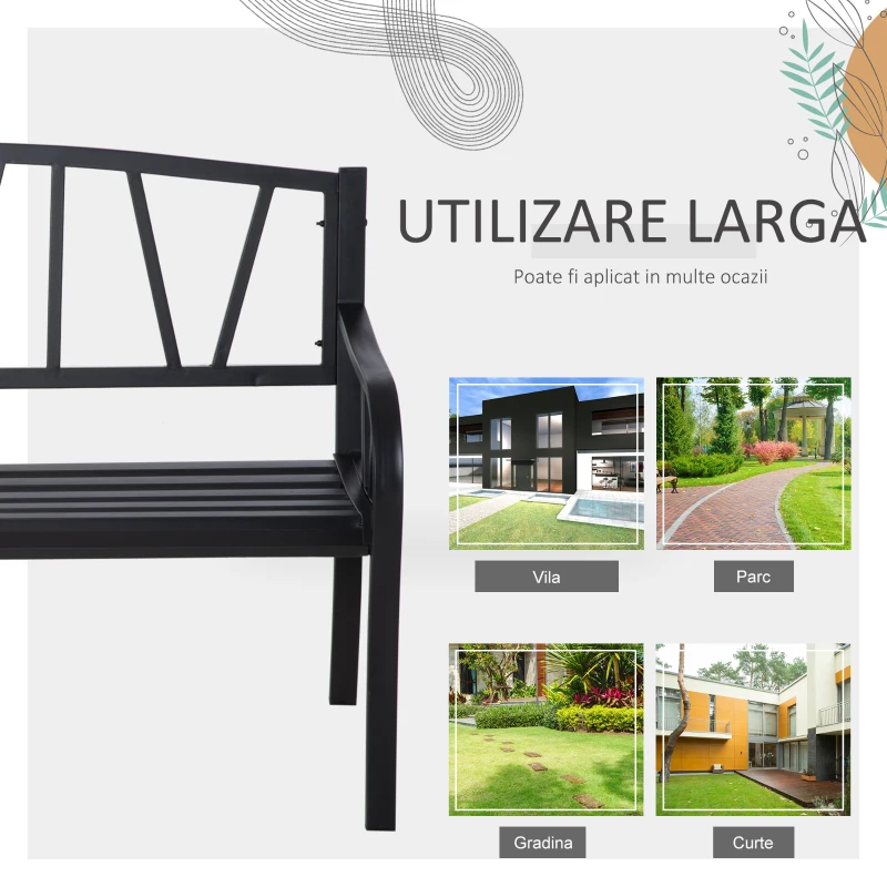 Outsunny Banca de Gradina din Metal Negru cu 2 Locuri Banca de Exterior