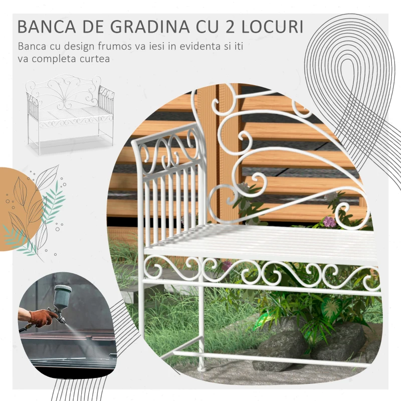 Outsunny Bancă de Exterior cu 2 Locuri, Bancă de Grădină în Stil Romantic din Fier, 113,5x50x96 cm, Alb