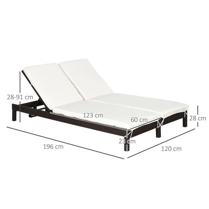 Outsunny Sezlong cu 2 Locuri din PE Ratan Maro cu Saltea Alba 195 x 120 x 28 cm