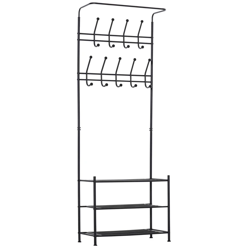 HOMCOM Kleiderständer 18 haken Wandgarderobe mit Schuhablage Metall Schwarz L67 x B30 x H185 cm