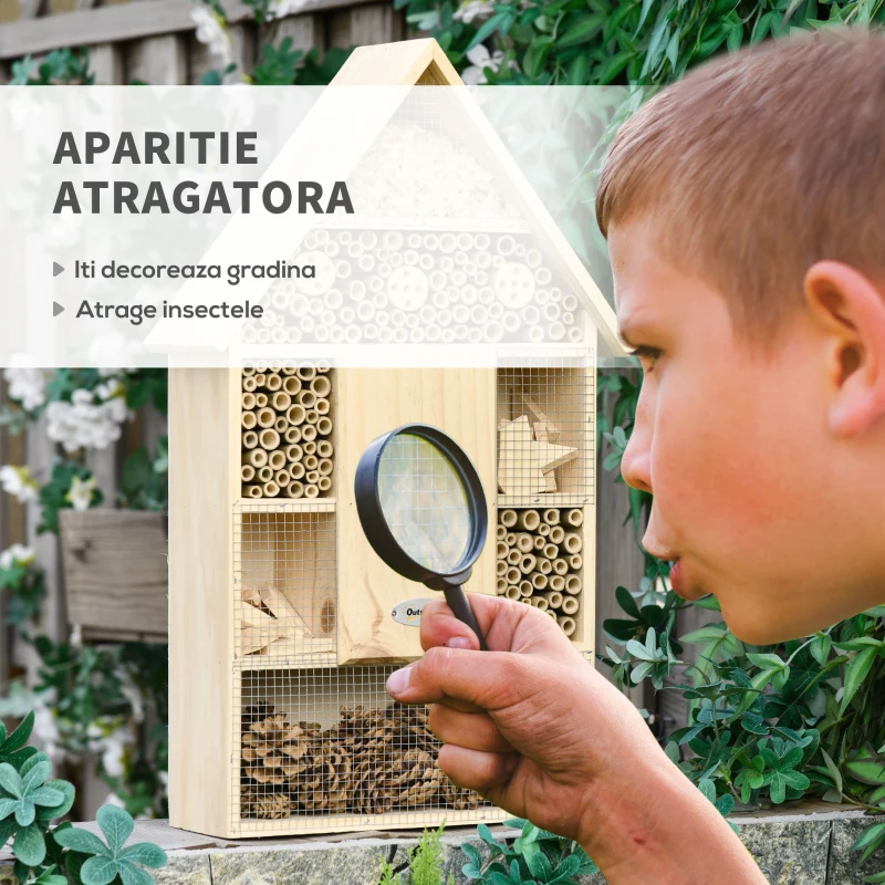 Outsunny Casa pentru Insecte cu 5 niveluri din Lemn si Bambus, pentru Gargarite si Albine