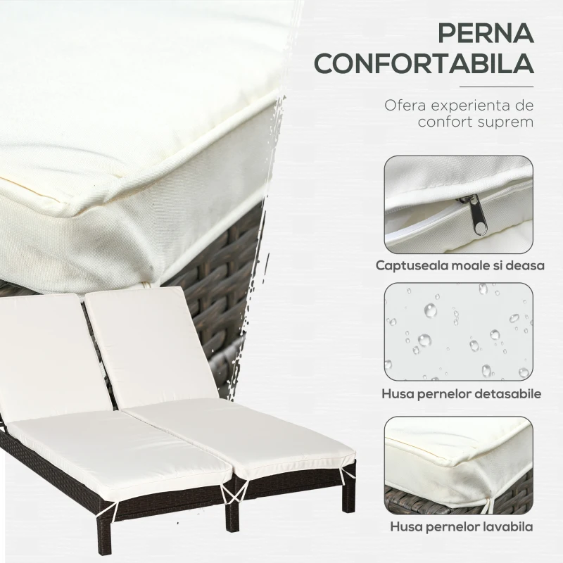 Outsunny Sezlong cu 2 Locuri din PE Ratan Maro cu Saltea Alba 195 x 120 x 28 cm