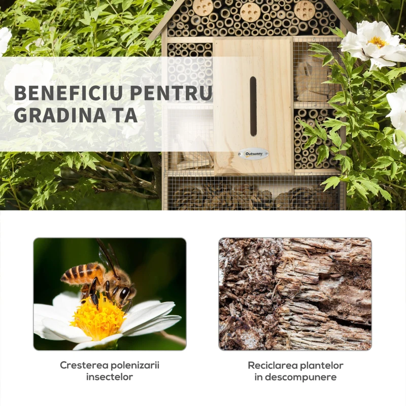 Outsunny Casa pentru Insecte cu 5 niveluri din Lemn si Bambus, pentru Gargarite si Albine