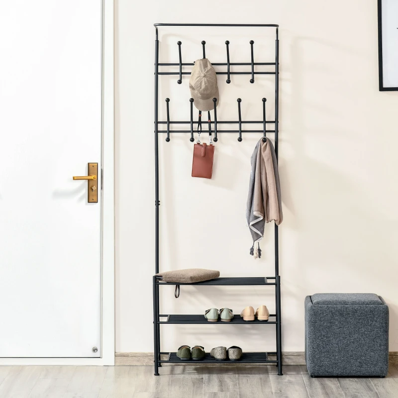 HOMCOM Kleiderständer 18 haken Wandgarderobe mit Schuhablage Metall Schwarz L67 x B30 x H185 cm