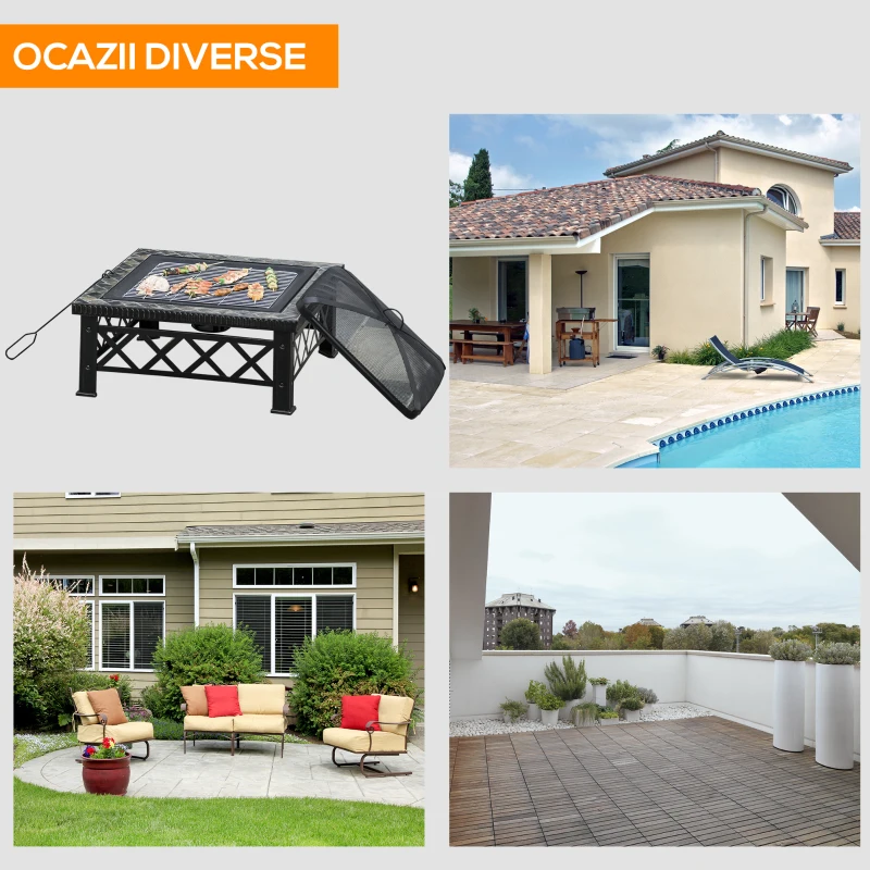 Outsunny Brazier de Gradina cu Capac pentru Arestarea Scanteilor si Grila pentru Gratar