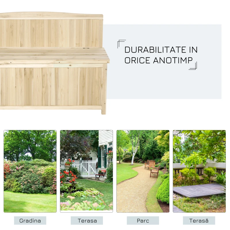 Outsunny Cufar container pentru Extern din Lemn de Brad Natural cu Spatar