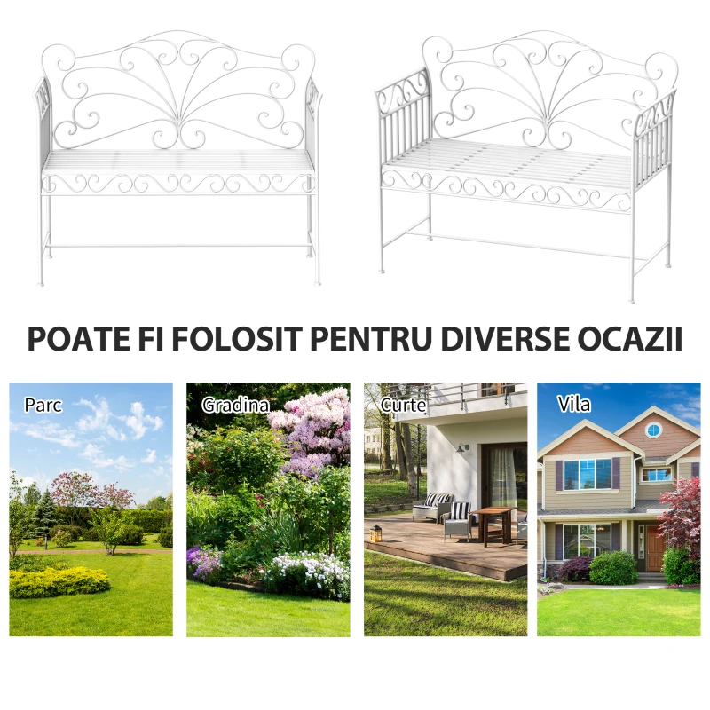 Outsunny Bancă de Exterior cu 2 Locuri, Bancă de Grădină în Stil Romantic din Fier, 113,5x50x96 cm, Alb