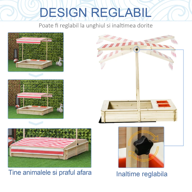 Outsunny Cutie Nisip 118×118×118 cm – Loc Joaca Lemn cu Acoperis Reglabil, 3–8 ani