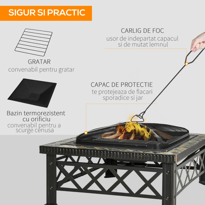 Outsunny Brazier de Gradina cu Capac pentru Arestarea Scanteilor si Grila pentru Gratar