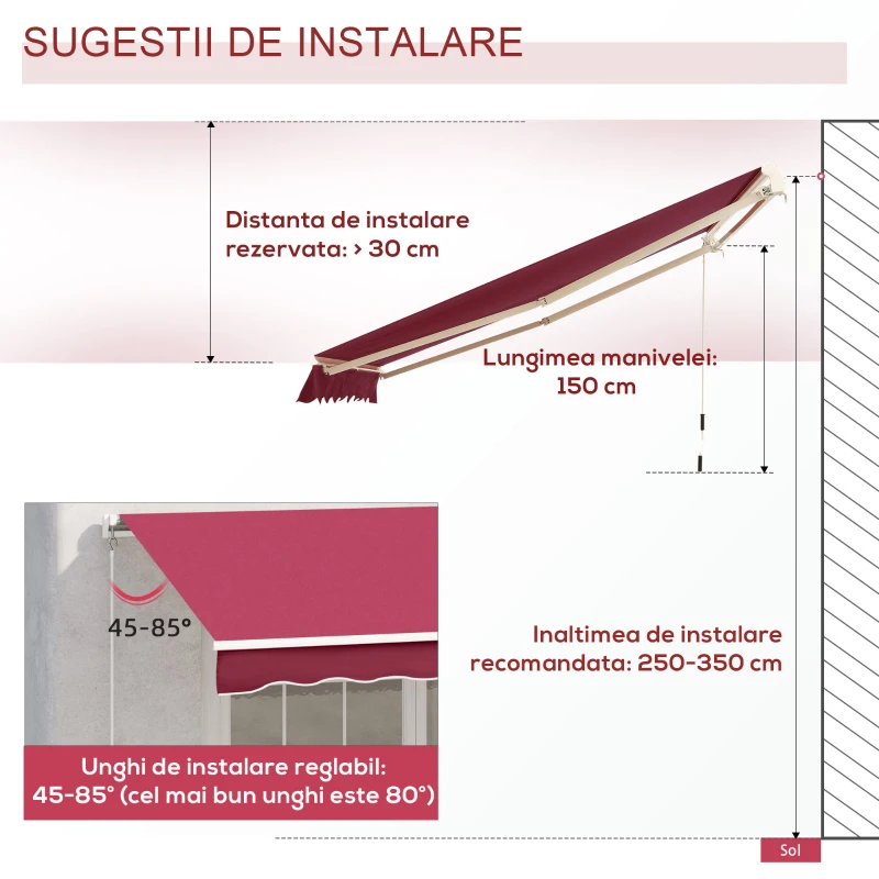 Outsunny Copertina Soare cu Manivela Husă rezistentă la apă 395x245cm Rosie