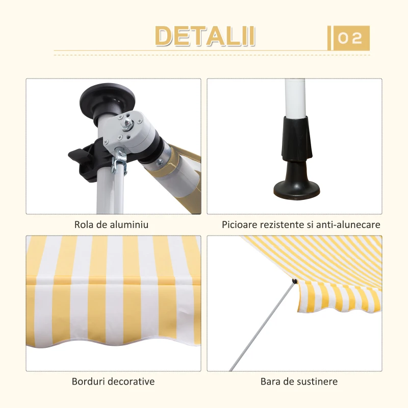 Outsunny Perdea Soare de Perete cu Stalp pentru Sprijin, Alb si Galben, 300x150cm