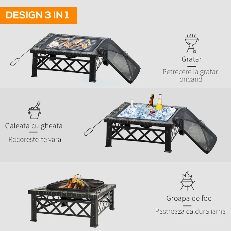 Outsunny Brazier de Gradina cu Capac pentru Arestarea Scanteilor si Grila pentru Gratar