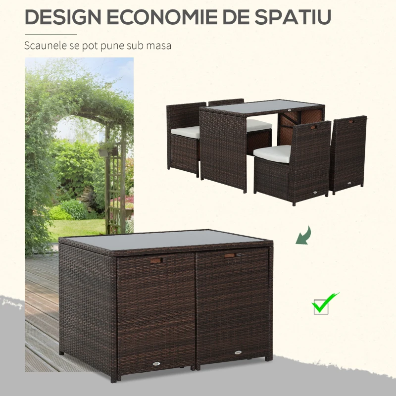 Outsunny Set Mobilier de Gradina din Ratan 5 Bucati Masa Pranz 4 Scaune cu Perne