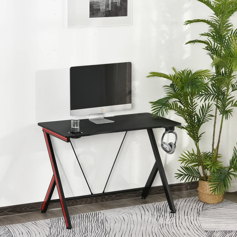 HOMCOM Gamingtafel bureau computertafel met koptelefoonhaak staal + MDF zwart