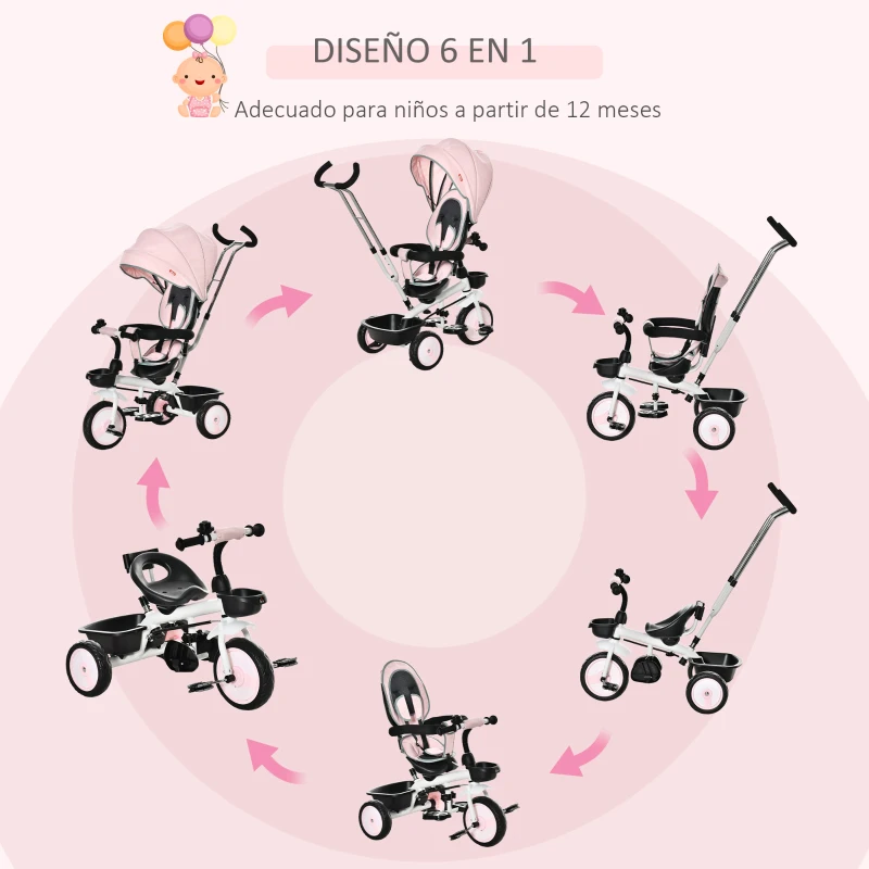 HOMCOM Triciclo Bebé 6 en 1 con Asiento Reversible Triciclo Evolutivo para Niños de +12 Meses con Capota Plegable Mango de Empuje Telescópico y Barra Extraíble 100x48x106 cm Rosa
