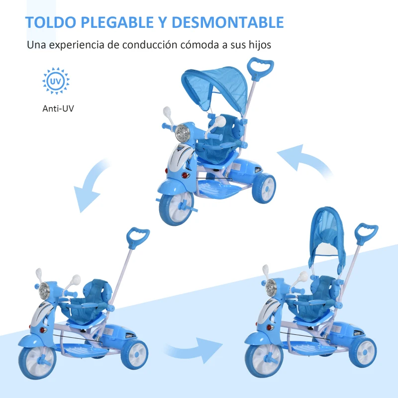 HOMCOM Triciclo para Niños de +18 Meses Triciclo Evolutivo Infantil con Capota Extraíble Asiento Giratorio Barra de Seguridad y Función de Luz Música 102x48x96 cm Azul
