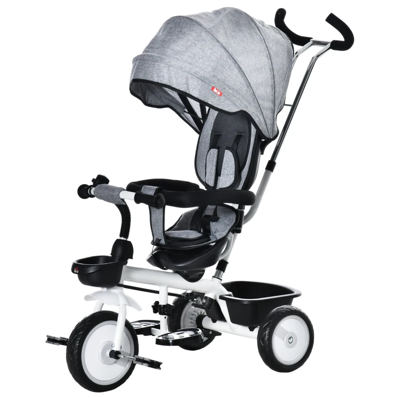HOMCOM Triciclo Bebé 6 en 1 con Asiento Reversible Triciclo Evolutivo para Niños de +12 Meses con Capota Plegable Mango de Empuje Telescópico y Barra Extraíble 100x48x106 cm Gris