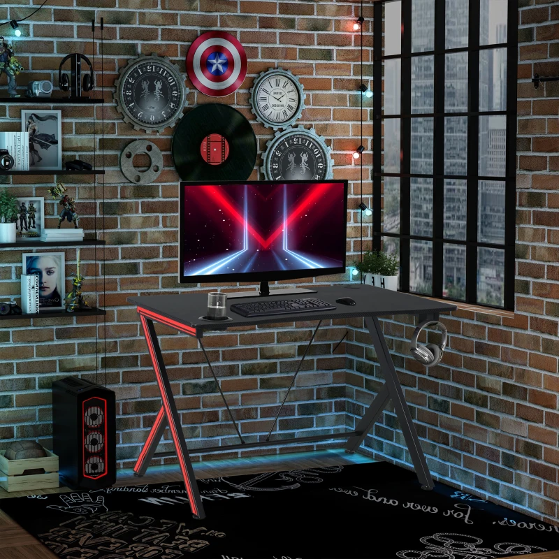 HOMCOM Gamingtafel bureau computertafel met koptelefoonhaak staal + MDF zwart