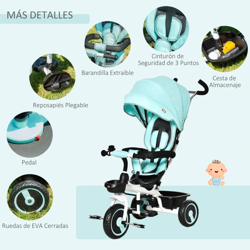 HOMCOM Triciclo Bebé 6 en 1 con Asiento Reversible Triciclo Evolutivo para Niños de +12 Meses con Capota Plegable Mango de Empuje Telescópico y Barra Extraíble 100x48x106 cm Turquesa