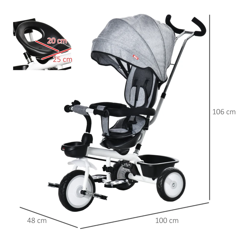 HOMCOM Triciclo Bebé 6 en 1 con Asiento Reversible Triciclo Evolutivo para Niños de +12 Meses con Capota Plegable Mango de Empuje Telescópico y Barra Extraíble 100x48x106 cm Gris