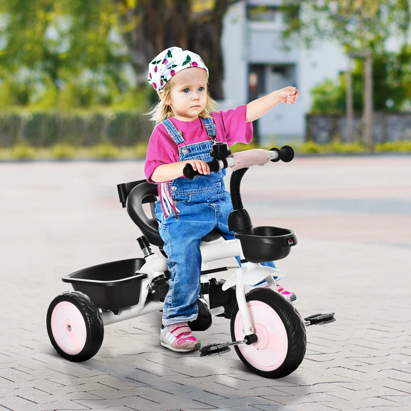 HOMCOM Triciclo Bebé 6 en 1 con Asiento Reversible Triciclo Evolutivo para Niños de +12 Meses con Capota Plegable Mango de Empuje Telescópico y Barra Extraíble 100x48x106 cm Rosa