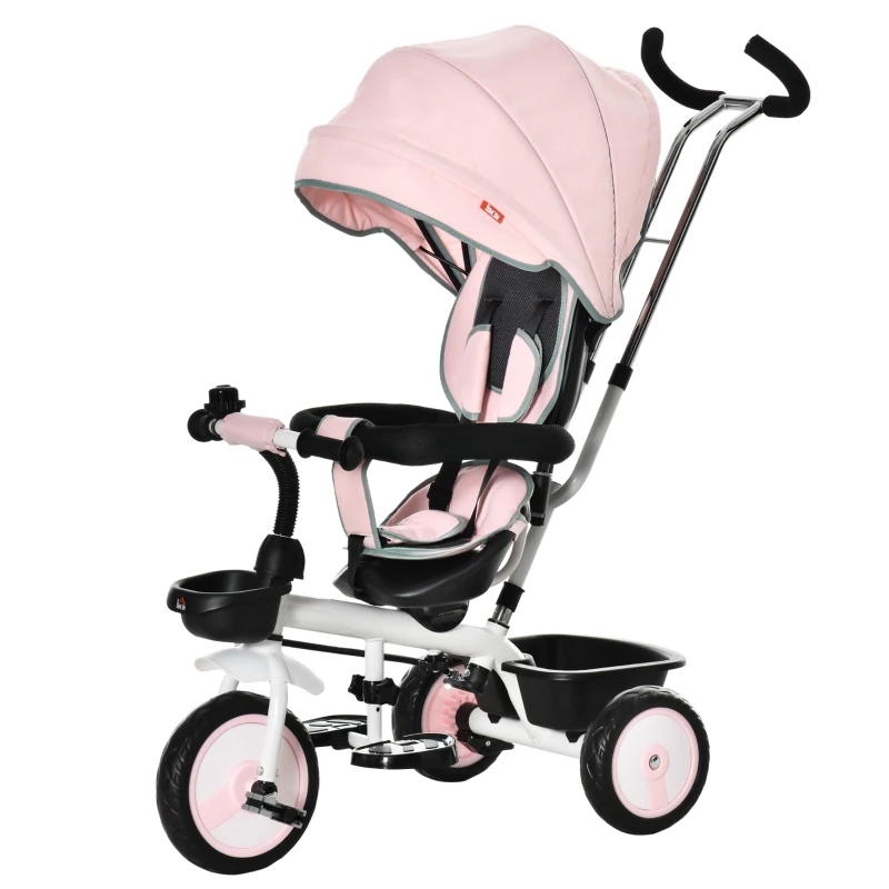 HOMCOM Triciclo Bebé 6 en 1 con Asiento Reversible Triciclo Evolutivo para Niños de +12 Meses con Capota Plegable Mango de Empuje Telescópico y Barra Extraíble 100x48x106 cm Rosa
