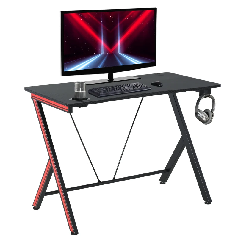 HOMCOM Gamingtafel bureau computertafel met koptelefoonhaak staal + MDF zwart