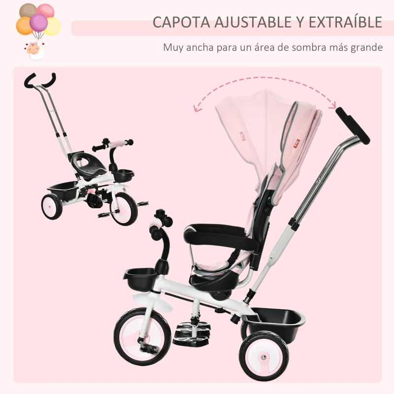 HOMCOM Triciclo Bebé 6 en 1 con Asiento Reversible Triciclo Evolutivo para Niños de +12 Meses con Capota Plegable Mango de Empuje Telescópico y Barra Extraíble 100x48x106 cm Rosa