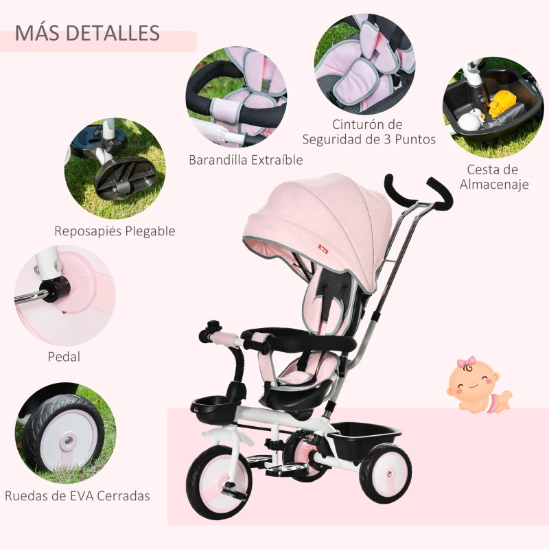 HOMCOM Triciclo Bebé 6 en 1 con Asiento Reversible Triciclo Evolutivo para Niños de +12 Meses con Capota Plegable Mango de Empuje Telescópico y Barra Extraíble 100x48x106 cm Rosa