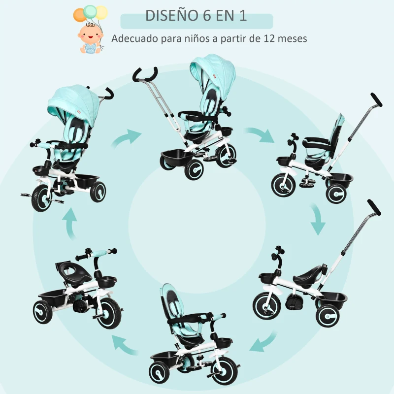HOMCOM Triciclo Bebé 6 en 1 con Asiento Reversible Triciclo Evolutivo para Niños de +12 Meses con Capota Plegable Mango de Empuje Telescópico y Barra Extraíble 100x48x106 cm Turquesa