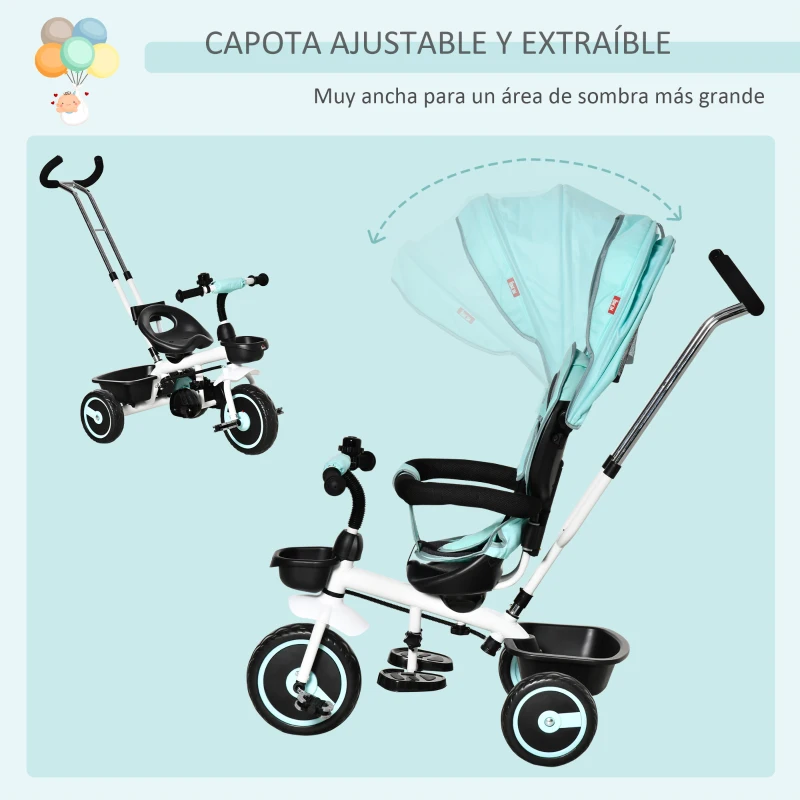 HOMCOM Triciclo Bebé 6 en 1 con Asiento Reversible Triciclo Evolutivo para Niños de +12 Meses con Capota Plegable Mango de Empuje Telescópico y Barra Extraíble 100x48x106 cm Turquesa