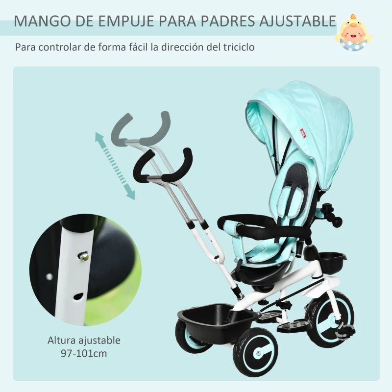 HOMCOM Triciclo Bebé 6 en 1 con Asiento Reversible Triciclo Evolutivo para Niños de +12 Meses con Capota Plegable Mango de Empuje Telescópico y Barra Extraíble 100x48x106 cm Turquesa
