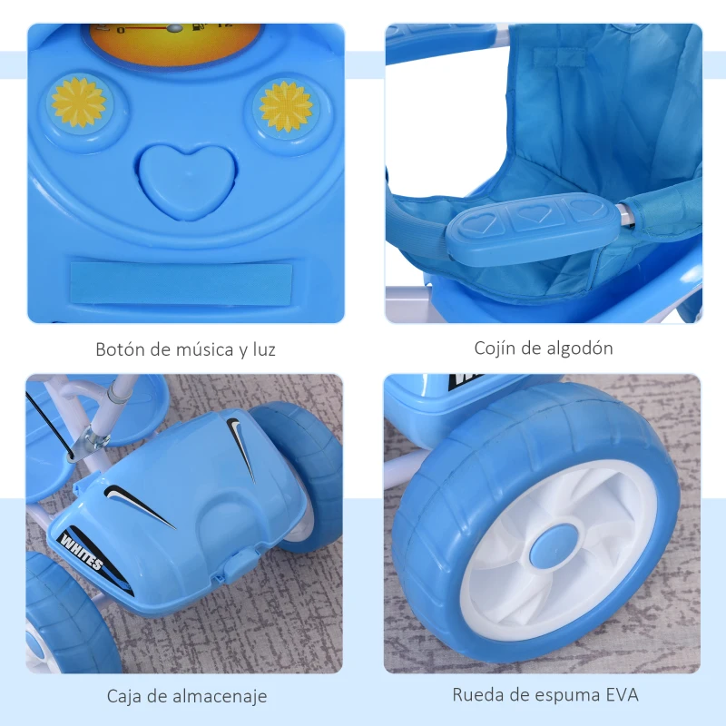 HOMCOM Triciclo para Niños de +18 Meses Triciclo Evolutivo Infantil con Capota Extraíble Asiento Giratorio Barra de Seguridad y Función de Luz Música 102x48x96 cm Azul