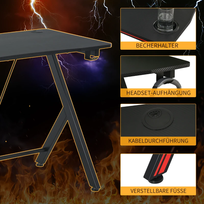HOMCOM Gamingtafel bureau computertafel met koptelefoonhaak staal + MDF zwart