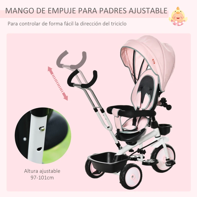 HOMCOM Triciclo Bebé 6 en 1 con Asiento Reversible Triciclo Evolutivo para Niños de +12 Meses con Capota Plegable Mango de Empuje Telescópico y Barra Extraíble 100x48x106 cm Rosa