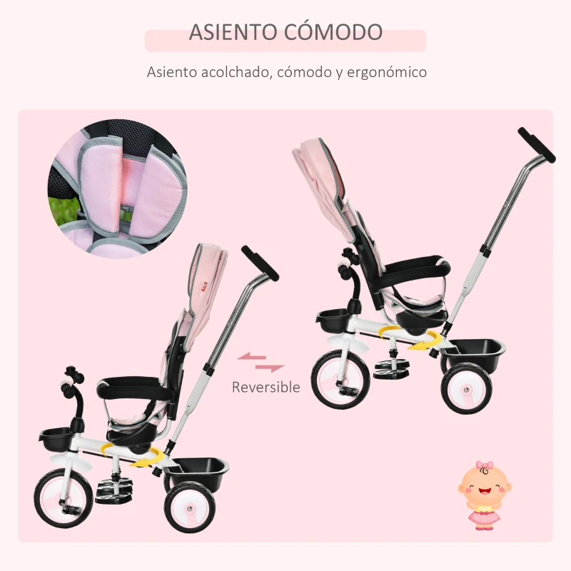 HOMCOM Triciclo Bebé 6 en 1 con Asiento Reversible Triciclo Evolutivo para Niños de +12 Meses con Capota Plegable Mango de Empuje Telescópico y Barra Extraíble 100x48x106 cm Rosa