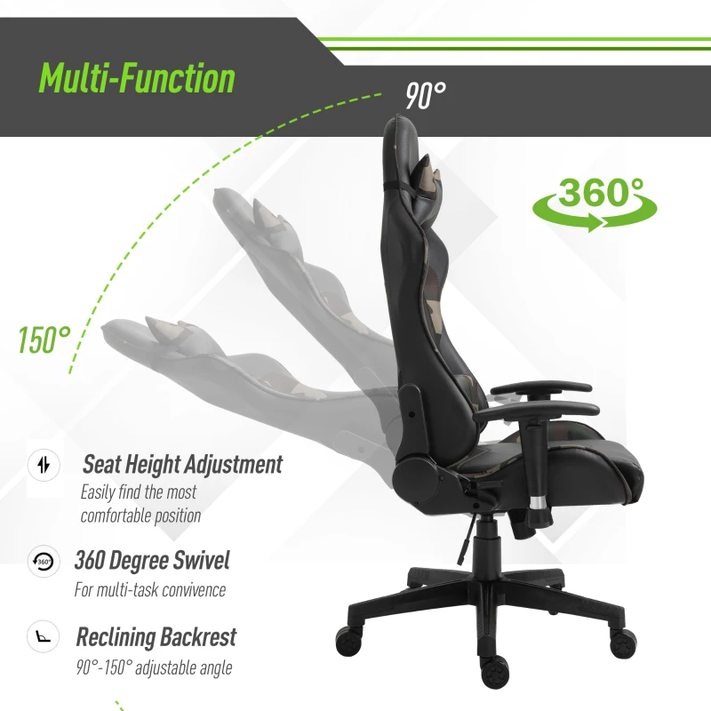 Vinsetto Reclining Gaming Chair, Ergonomic, w/Vibrating Lumbar Support, Headrest, High Back PU Leather , 360° Swivel, Black