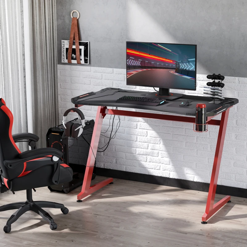 HOMCOM Gaming Computer Table, 122cm Width w/Cup Holder, Headphone Hook, Gamepad Holder, Cable Management Red Black