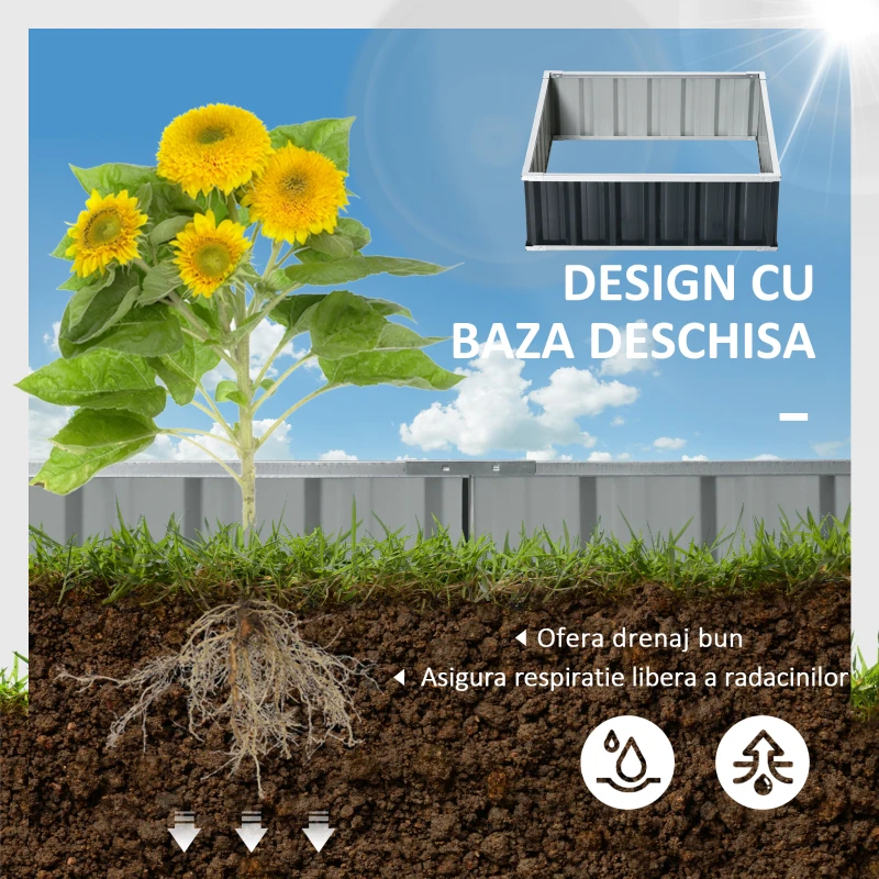 Outsunny Pat de Gradina Inaltat din Otel, Baza Deschisa si Asamblare fara Utilizarea Sculelor, 90x90x30cm