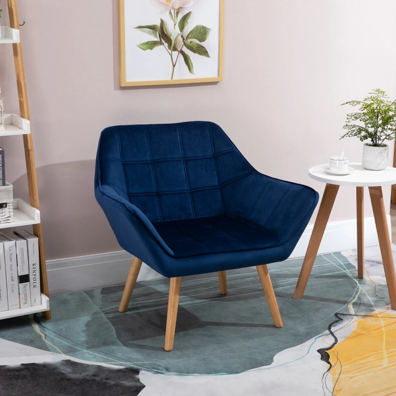 HOMCOM Armchair Accent Chair Wide Arms Slanted Back Padding Steel Frame Wooden Legs Home Bedroom Furniture Seating Blue