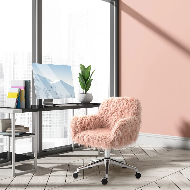 Vinsetto Faux Fur Computer Desk Chair, Vanity Chair with Adjustable Height, Swivel Wheels for Office, Bedroom, Pink