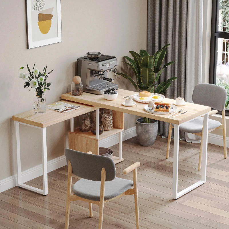 HOMCOM Secretária em forma de L  giratória de 360º  com prateleira de 2 níveis em S Grande espaço de armazenamento 220x55x76 cm Carvalho