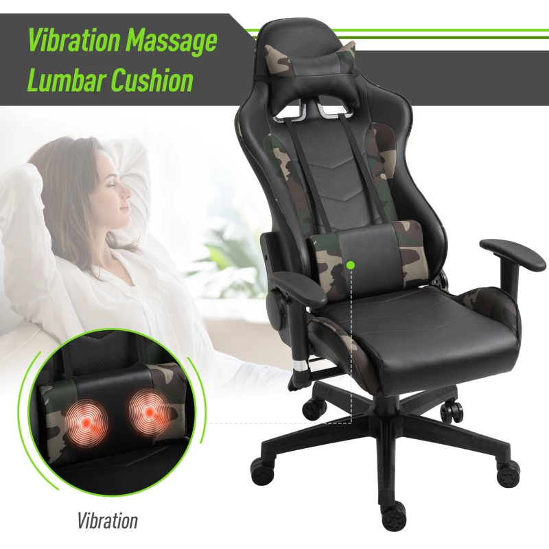 Vinsetto Reclining Gaming Chair, Ergonomic, w/Vibrating Lumbar Support, Headrest, High Back PU Leather , 360° Swivel, Black