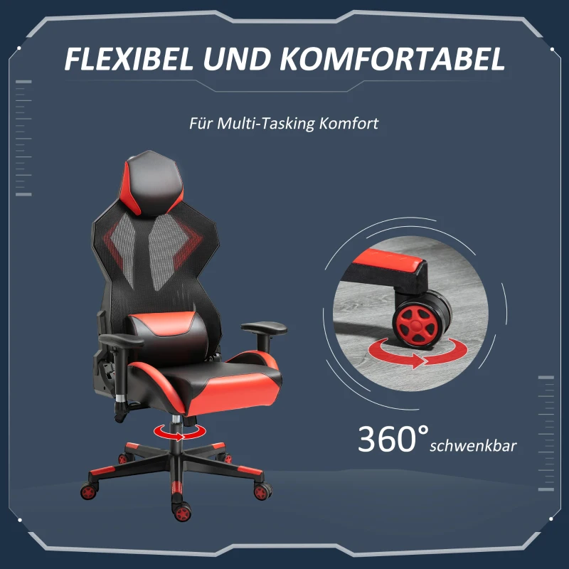 Vinsetto Gamingstuhl Bürostuhl Schreibtischstuhl Ergonomisches Design Rennstil modern höhenverstellbar Schaumstoff Nylon Kunstleder Schwarz+Rot 72x77x 130-140 cm