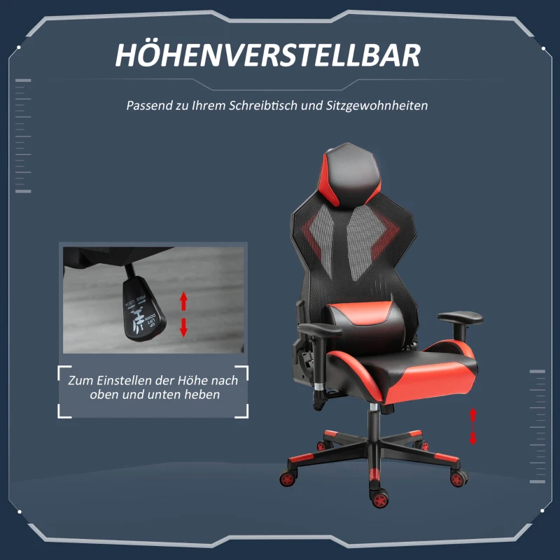 Vinsetto Gamingstuhl Bürostuhl Schreibtischstuhl Ergonomisches Design Rennstil modern höhenverstellbar Schaumstoff Nylon Kunstleder Schwarz+Rot 72x77x 130-140 cm