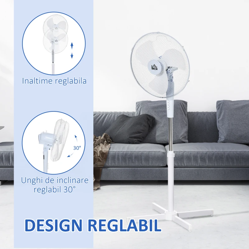 HOMCOM Ventilator de Podea cu 3 Viteze, Înălțime Reglabilă și Unghi de Înclinare de 80°, 60x60x90-120 cm, Alb