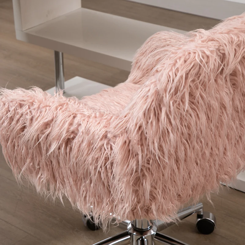 Vinsetto Faux Fur Computer Desk Chair, Vanity Chair with Adjustable Height, Swivel Wheels for Office, Bedroom, Pink