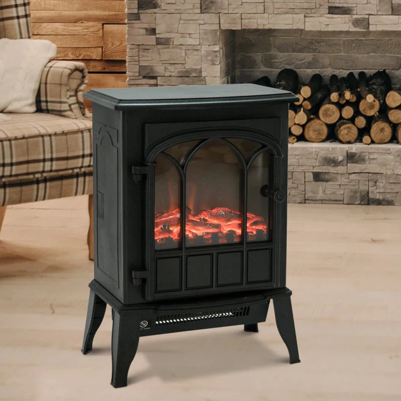 HOMCOM Lareira Elétrica Portátil 1000/2000W com Efeito de Chama Realista e Proteção Contra Superaquecimento 41,5x28x54 Preto