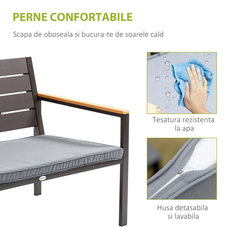 Salon de Gradina Outsunny Set 4 Piese cu 1 Canapea, 2 Fotolii si 1 Masuta, Mobilier de Gradina din Otel si Plastic, Maro