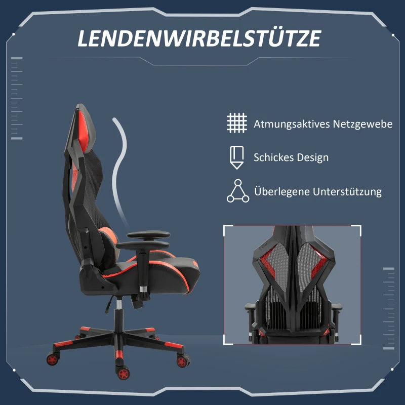 Vinsetto Gamingstuhl Bürostuhl Schreibtischstuhl Ergonomisches Design Rennstil modern höhenverstellbar Schaumstoff Nylon Kunstleder Schwarz+Rot 72x77x 130-140 cm